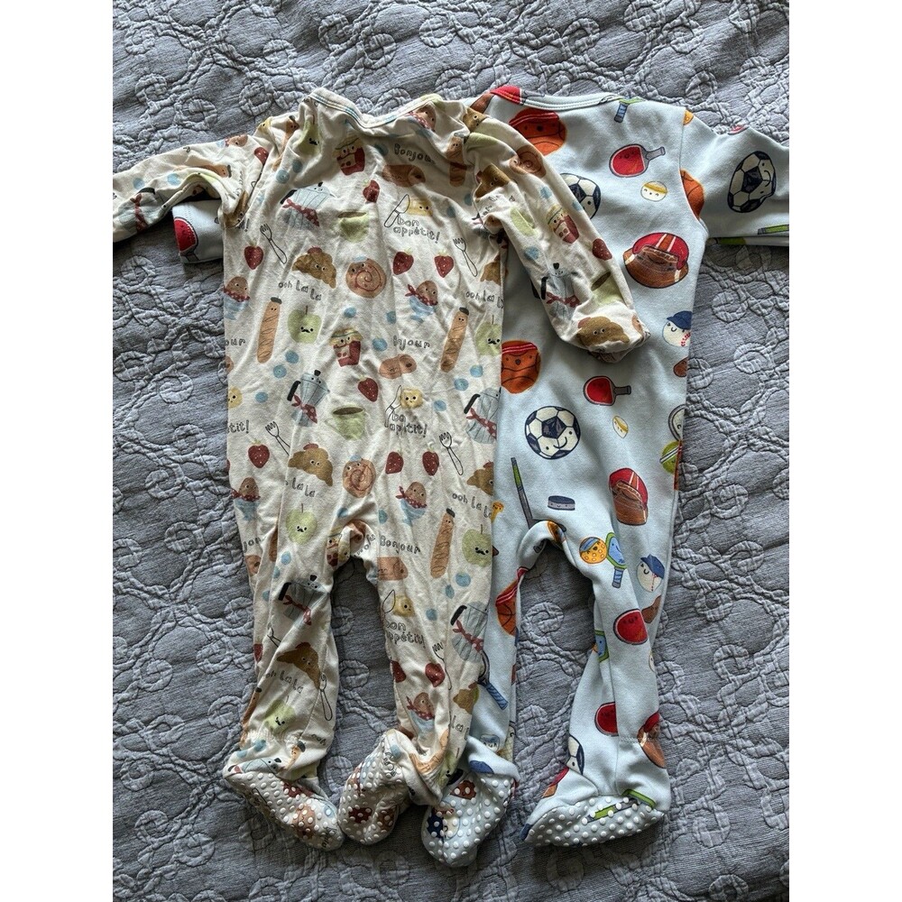 Angel Dear Lot 2 Footie Pajamas 6-9m Zip Bamboo Organic Cotton Breakfast Sports - Picture 6 of 6